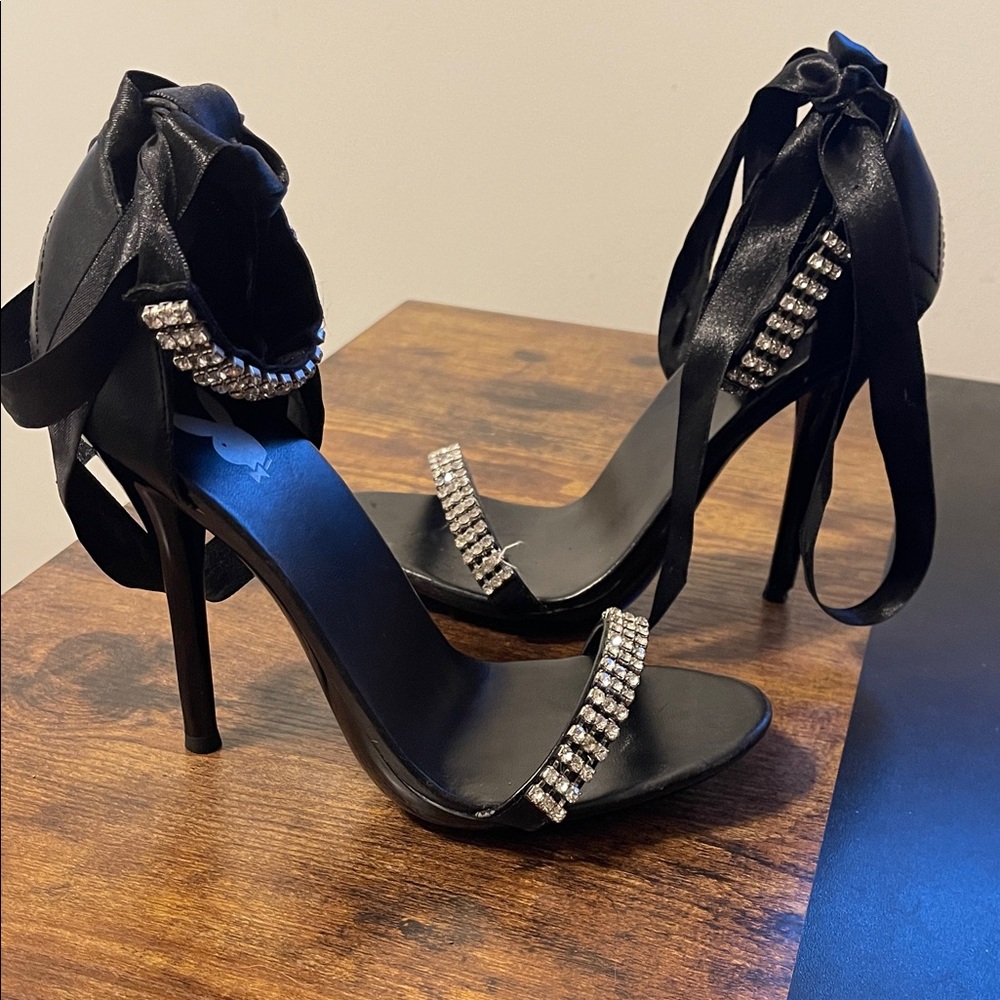 PLAYBOY Black Heels with Rhinestone Straps